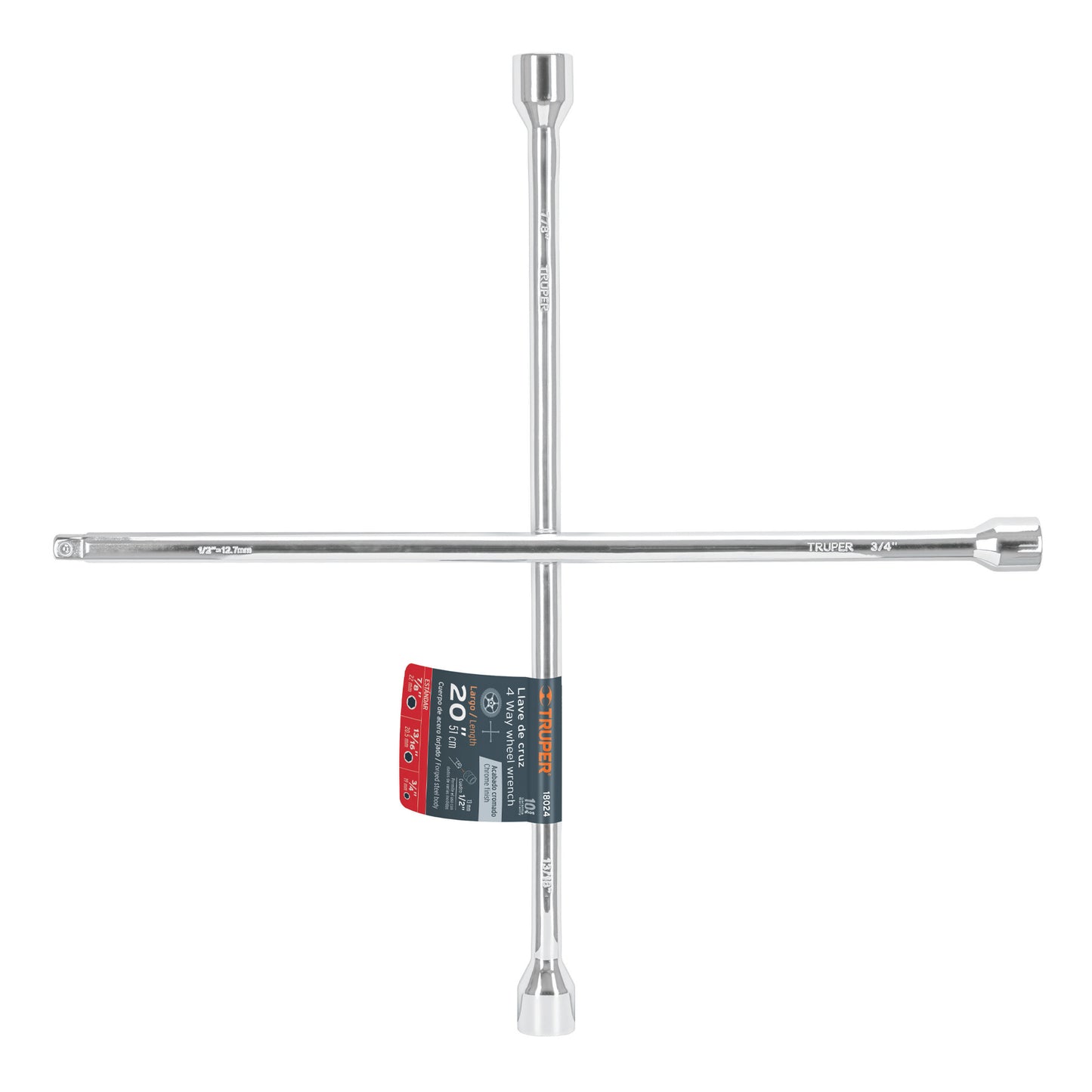 Llave de Cruz Truper 20" Pulida y Cromada con Entrada Cuadrada 1/2" – 18024